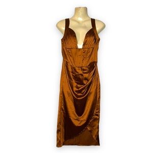 Bronze Boned Seam Corset Dress Satiny Bodycon Formal Occasion Cocktail Dress
